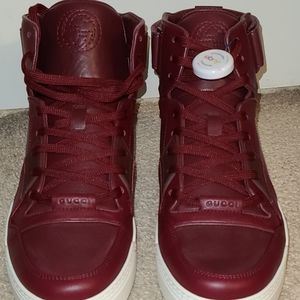 Gucci Men's High Top Strong Red Leather Sneakers Strap 386738 6148